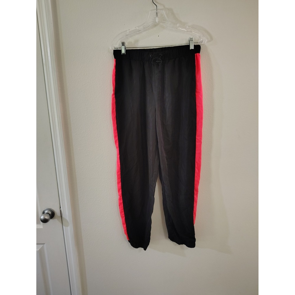 Angel Kiss Black Joggers Neon Pink Side Stripe Elastic Waist Windbreaker Pants L